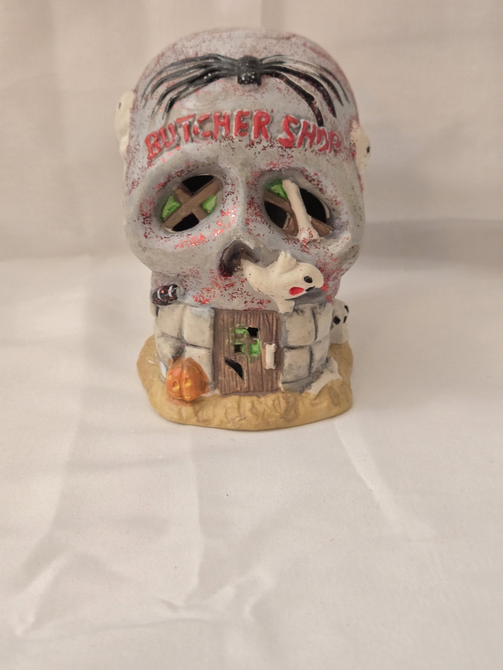 Source Unknown Gray "Butcher Shop" Skull Halloween Decor with Orange Pumpkin